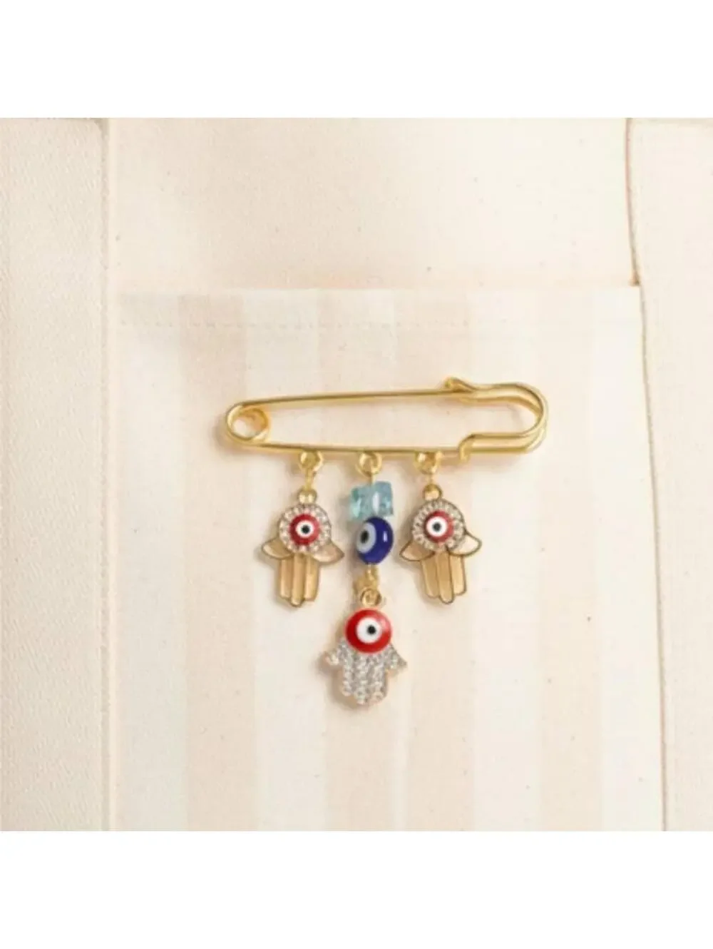 Gold-Tone Evil Eye Hamsa Charm Safety Pin Brooch